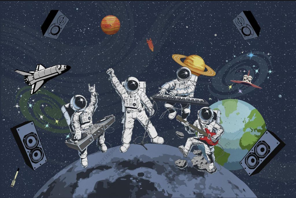 Фотообои в детскую: музыкальная группа в космосе.
